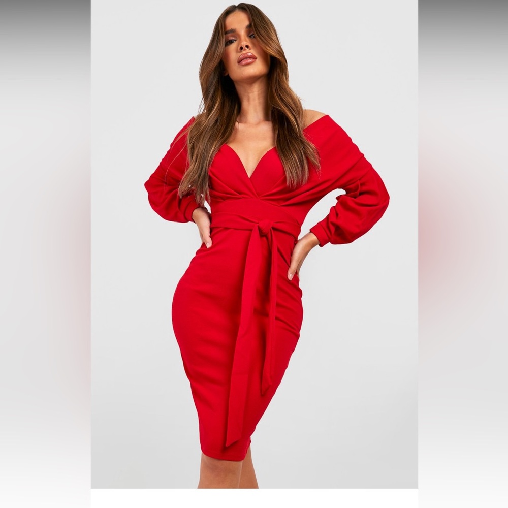 OFF THE SHOULDER WRAP MIDI DRESS